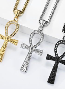 钛钢镶水钻埃及象形文字安卡项链