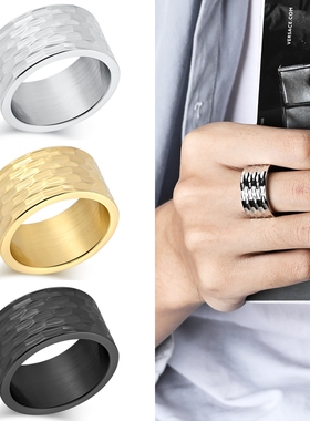 男女钛钢简约捶打蜂窝纹宽版戒指
