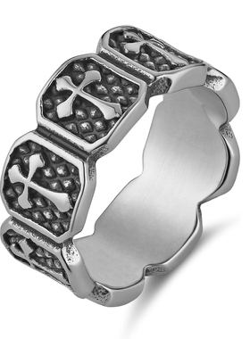 潮男女钛钢复古风十字架盾牌戒指