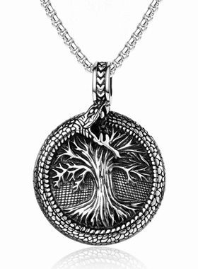 Yggdrasil 北欧神话宇宙树盘蛇项链男钛钢复古衔尾蛇生命之树项链
