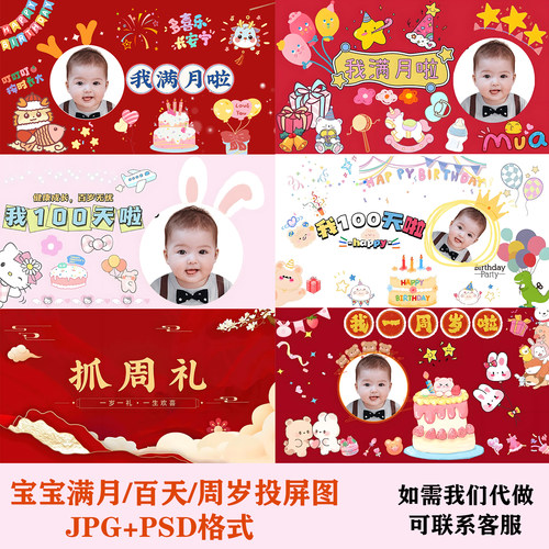 宝宝周岁海报电视投屏图片满月百天生日宴电子大屏图PSD素材模板