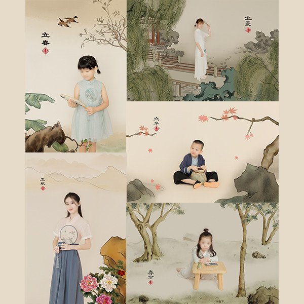 古风24节气修图素材PS儿童古装写真工笔画背景PSD分层模版免抠图片