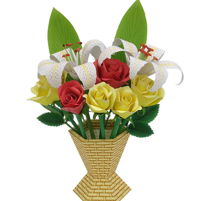 仿真植物盆栽鲜花玫瑰3D立体纸模型DIY手工制作儿童折纸益智玩具