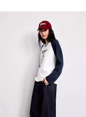 2026春季新款百搭宽松卡通印花拼接长袖T恤女4H2201141