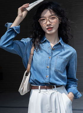 春秋款蓝色复古港风软牛仔衬衫女宽松正肩内搭叠穿小个子衬衣