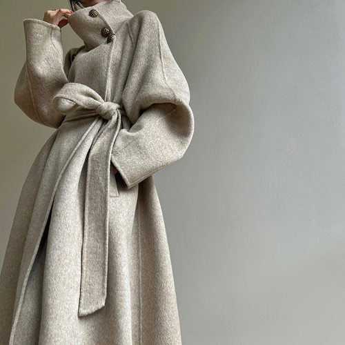 蓝屿海湾2025长袖新款立领双面羊毛大衣女长款系带羊绒外套