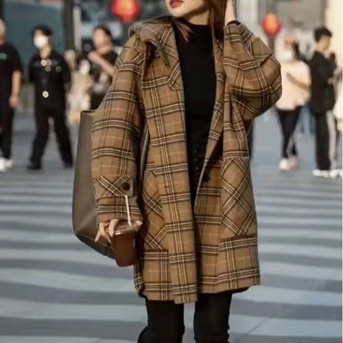 欧洲站双面羊绒大衣女格子连帽宽松阔版100%羊毛呢子外套秋冬显瘦