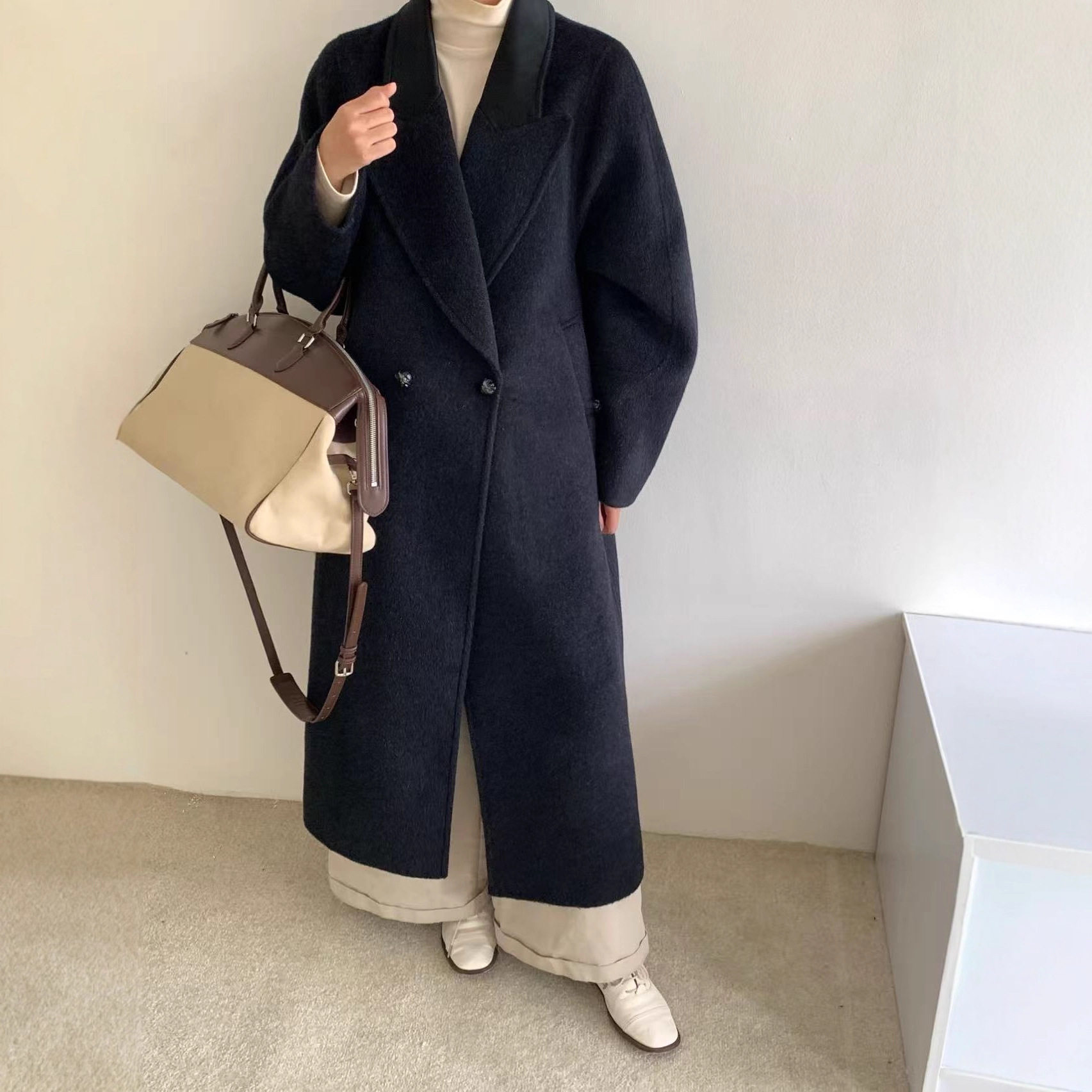 秋冬新款双面羊绒大衣女2025韩版长款拼色领修身大衣女双面羊绒