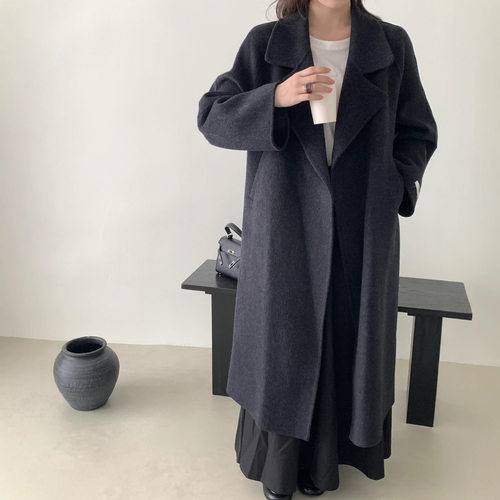 西西里红色赫本风双面羊毛大衣女显瘦落肩系带长款羊毛呢子外套