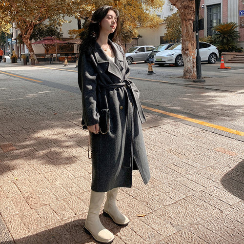 双面羊绒大衣女2025秋冬新款韩版宽松系带设计感黑灰羊毛毛呢