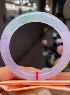 【带证】冰种春彩翡翠手镯缅甸天然正圈玉镯子飘绿花淡紫罗兰