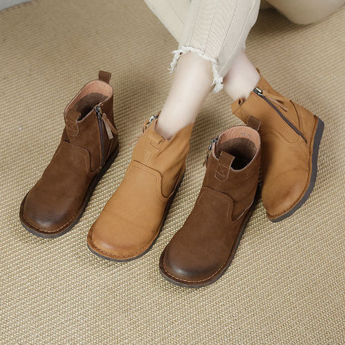 真皮复古女靴子酷飒瘦瘦靴圆头手工缝制舒适百搭软皮女短靴跨境