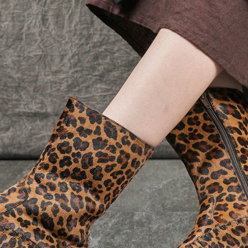 2023秋冬新款豹纹马毛女鞋 头层皮真皮底粗跟侧拉链时尚马丁靴女