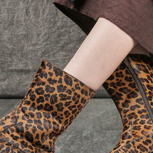 2023秋冬新款豹纹马毛女鞋 头层皮真皮底粗跟侧拉链时尚马丁靴女