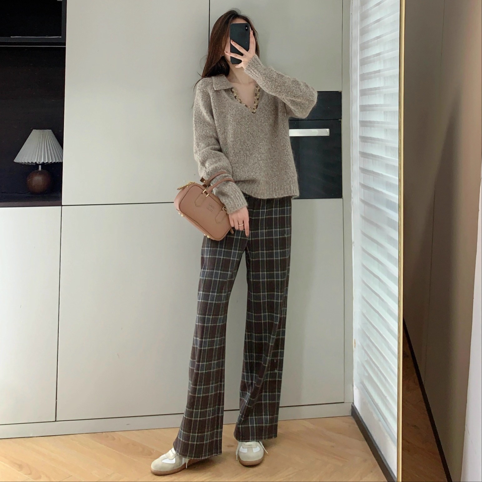 双面磨毛复古格纹宽松直筒休闲裤