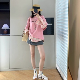 拼接格纹假两件植绒长袖 吴宣仪ann T恤女 腔调 熊宝家时髦chill