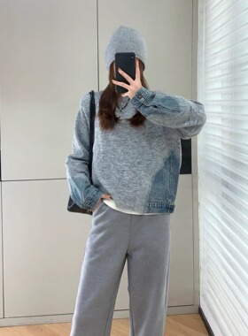 柜子同源！Jn*牛仔拼接灰色羊毛马海毛混纺圆领套头毛衣/针织开衫
