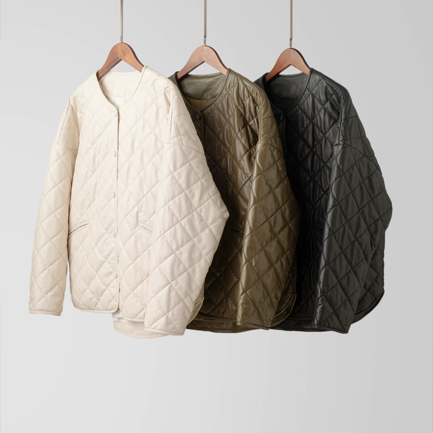 菱形格绗缝宽松绵羊皮皮衣外套