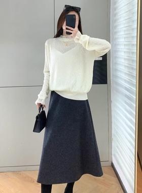 富家千金氛围！气质提花欧根纱荷叶领温柔长袖蚕丝羊毛打底衫