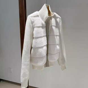 L~P贵贵感 仿貂毛假两件拼接针织袖90白鸭绒羽绒服外套环保皮草冬