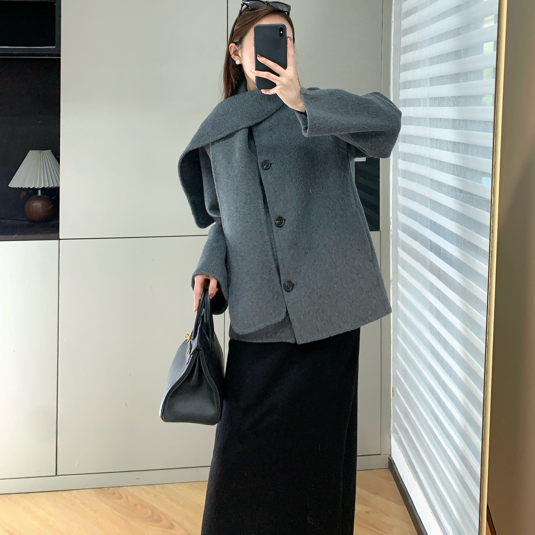 北欧极简气质双面呢围巾式大衣