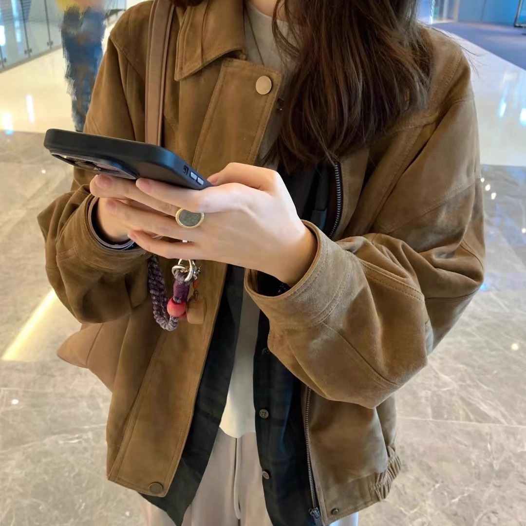 翻领巴恩风麂皮绒工装外套