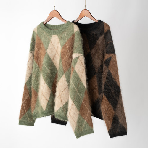 山羊绒拉绒英伦菱格圆领套头毛衣