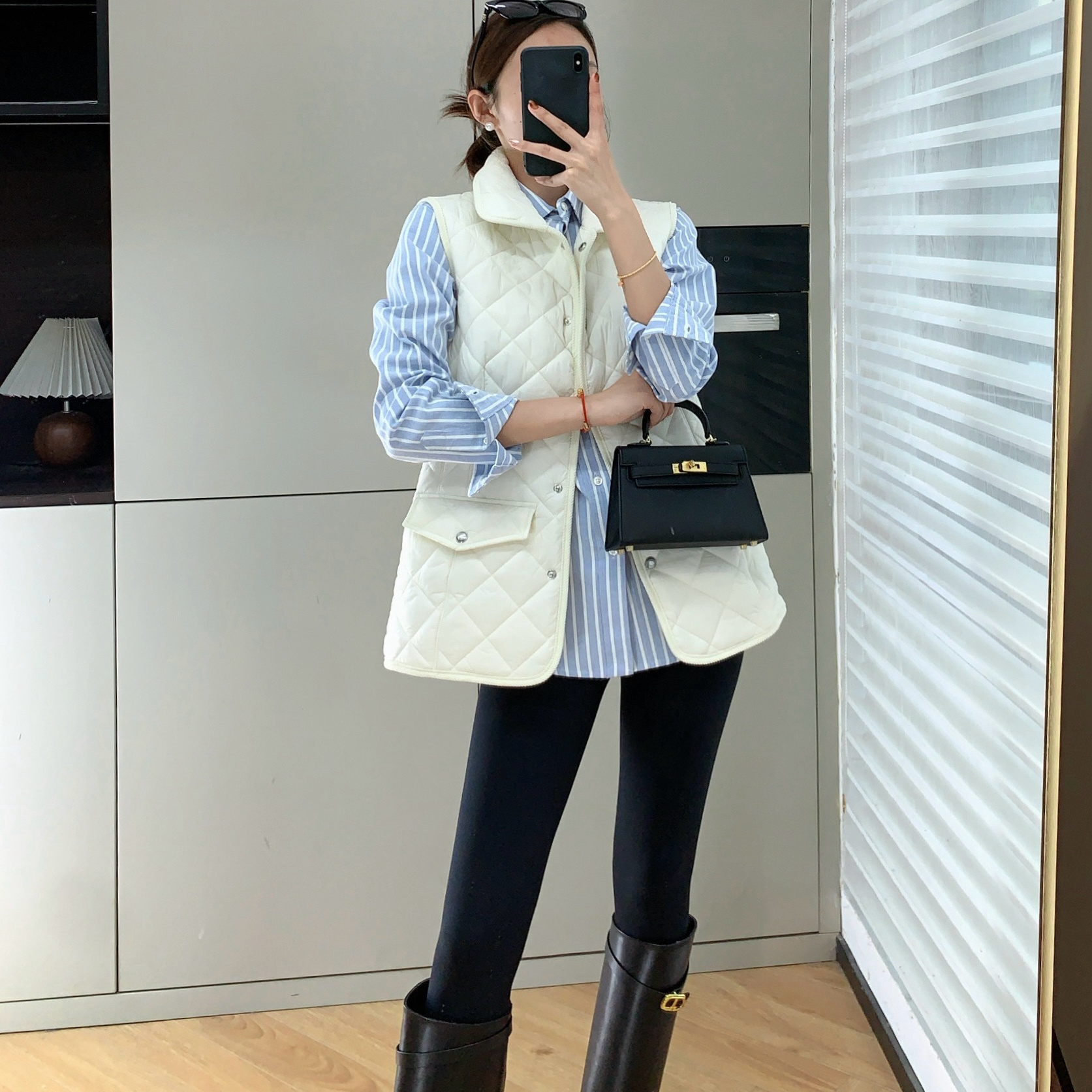 美式老钱菱格绗缝棉马甲外套