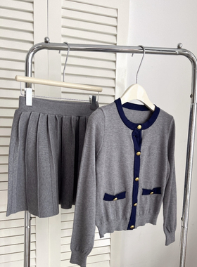 HaloStudio小香风名媛气质穿搭秋冬女小个子针织毛衣开衫百褶裙