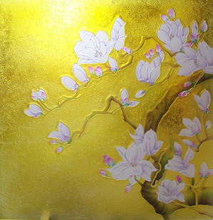 定制艺术玻璃隔断玄关鞋柜上屏风门芯背景墙黄底肌理雕刻富贵玉兰