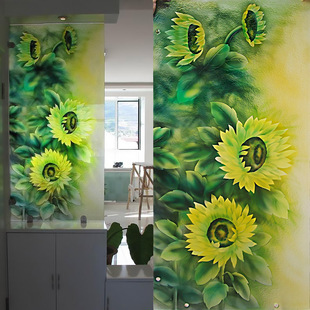 定做钢化玄关隔断屏风门芯鞋柜上艺术玻璃实物雕刻双面效果向日葵