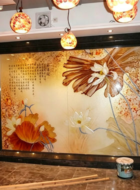 厂家定做钢化艺术玻璃屏风传统中式背景墙墙饰手工彩雕刻荷花诗词