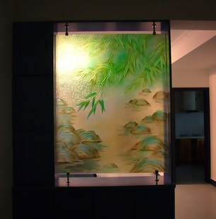 包邮中式雕刻艺术玻璃隔断玄关屏风双面春风拂面竹水画鞋柜上实物