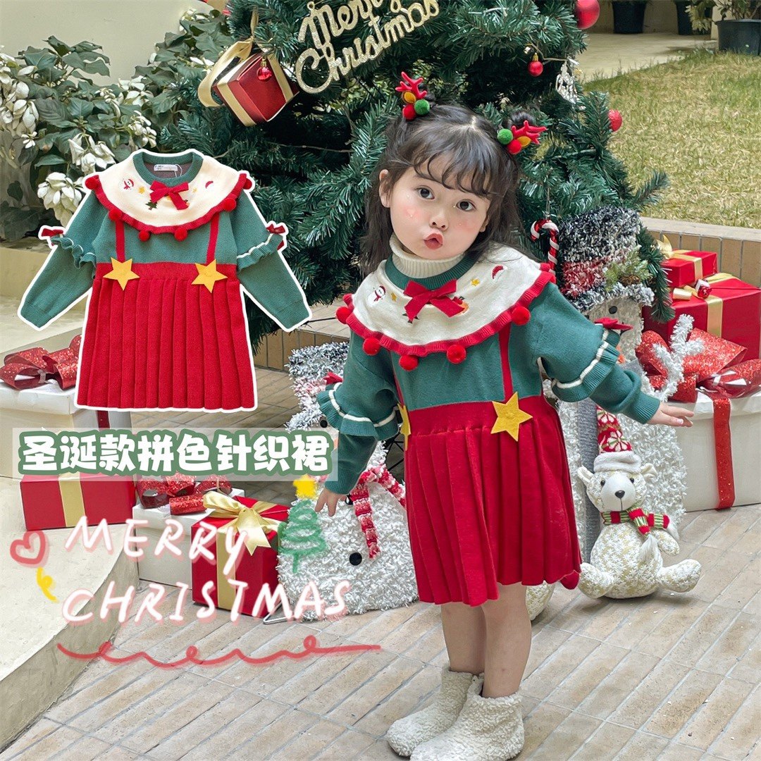 圣诞节儿童服装秋冬季新款针织连衣裙女童主题童装宝宝装扮毛线裙