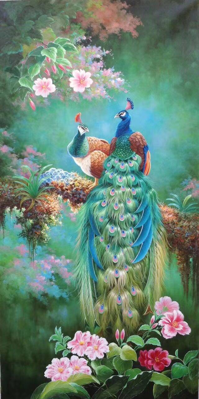 纯手绘精致唯美孔雀油画客厅酒店玄关装饰油画80-160可定