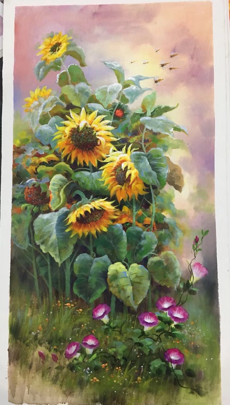 纯手绘向日葵油画朝阳寓意客厅酒店别墅玄关油画60-120现货可定