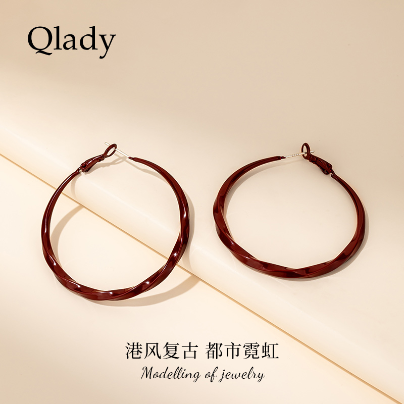 酒红色大圈圈港风独特耳环
