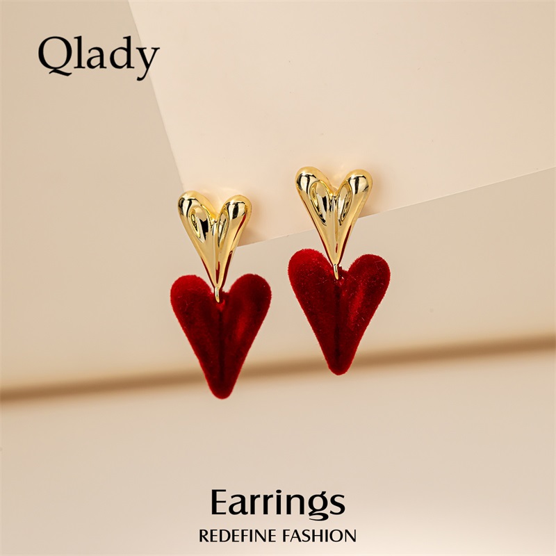 红色丝绒爱心耳饰独特女耳环耳钉