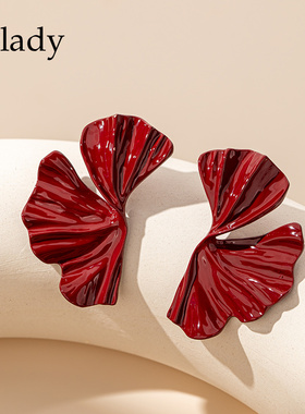 红色褶皱耳钉银针耳饰夸张欧美气质耳环2025新款爆款高级秋冬耳坠