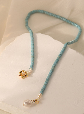 欧美ins复古绿松石淡水珍珠串珠项链女百搭时尚高级感简约锁骨链
