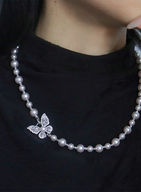 时尚复古镶锆石蝴蝶施家珍珠项链女轻奢小众气质高级感百搭锁骨