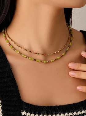 欧美ins小众复古森系彩色天然石叠戴项链女简约高级感串珠锁骨链