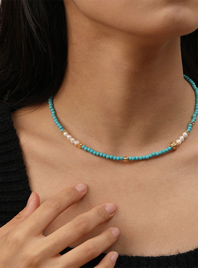 ins小众天然淡水珍珠串珠项链女百搭简约气质设计感绿松石锁骨链