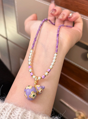 原创复古时尚轻奢精致滴油珐琅四叶草葫芦串珠项链气质百搭毛衣