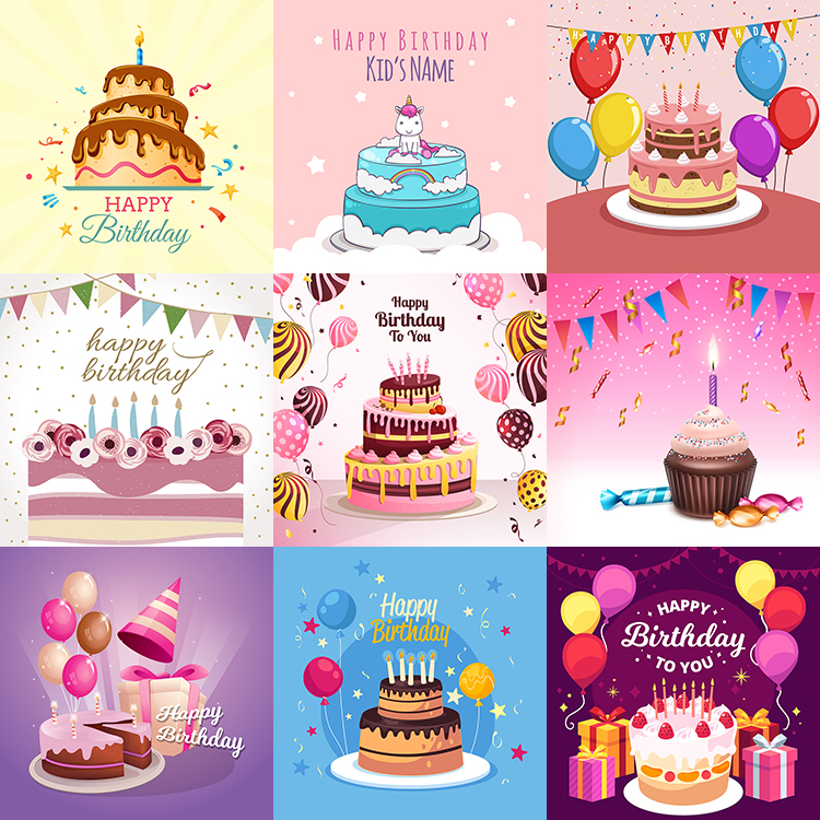 生日蛋糕海报 卡通精美庆祝生日派对背景模板 AI格式矢量设计素材