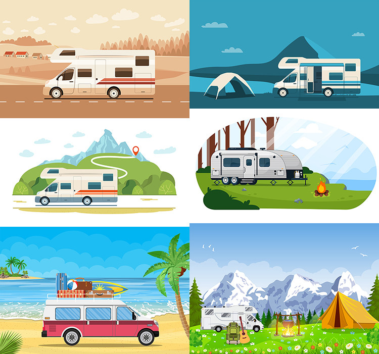 房车旅游插画 扁平化自驾游旅行户外出行海报 AI格式矢量设计素材