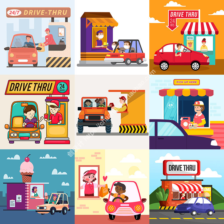 直通式车窗插画  扁平化卡通24小时快餐店 AI格式矢量设计素材