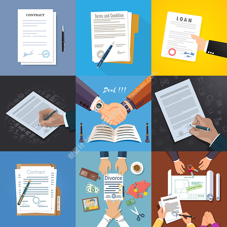签合同插画 扁平化卡通签订合作协议签字场景 AI格式矢量设计素材