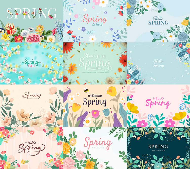 唯美春天花卉海报背景 森系清新鲜花植物插画 AI格式矢量设计素材