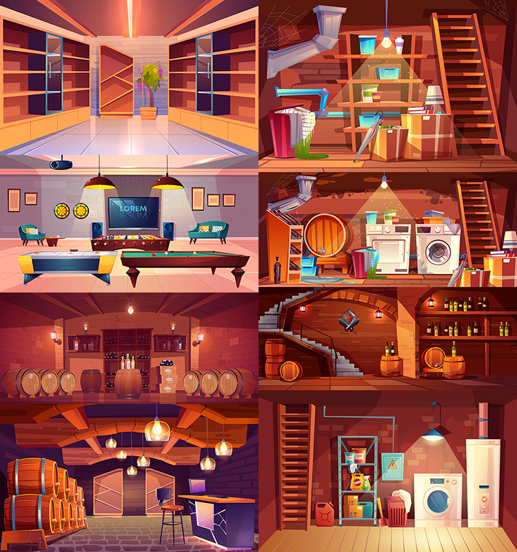 卡通地下室插画 复古地下酒窖桌球室负一层 ai格式矢量设计素材